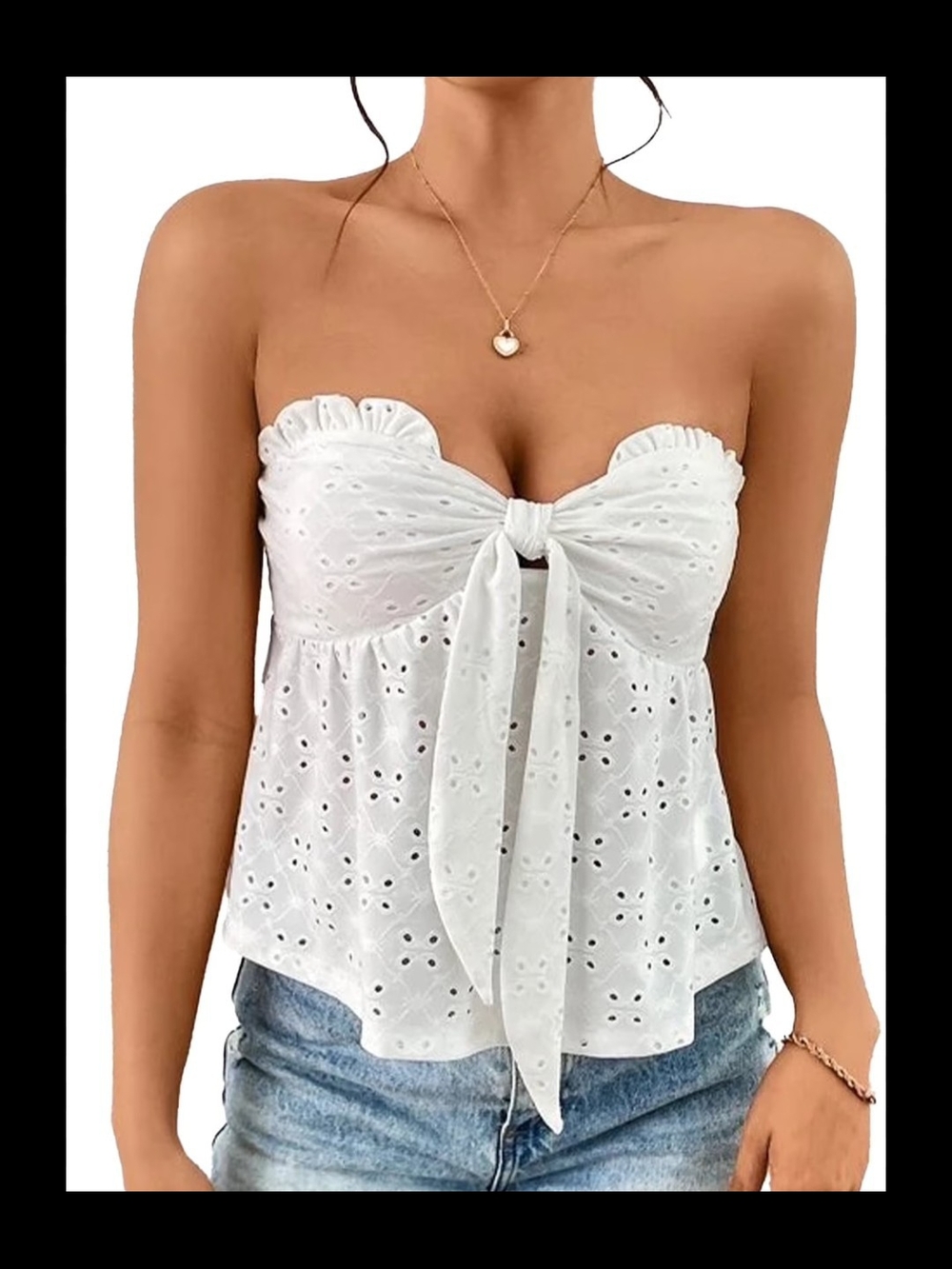 SOMER White Eyelet Tie-Front Strapless Top Size L